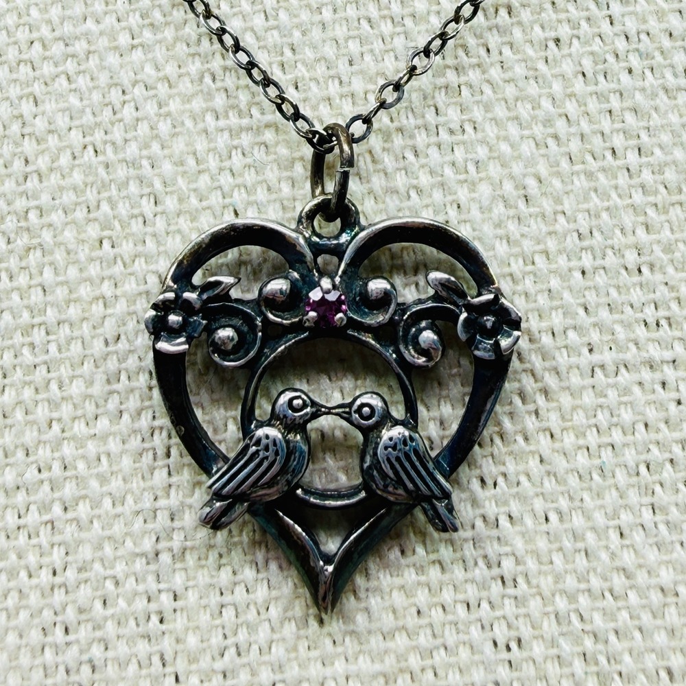 Franklin Mint Birds of Love Valentine Necklace Heart Birds Ruby Sterling Silver